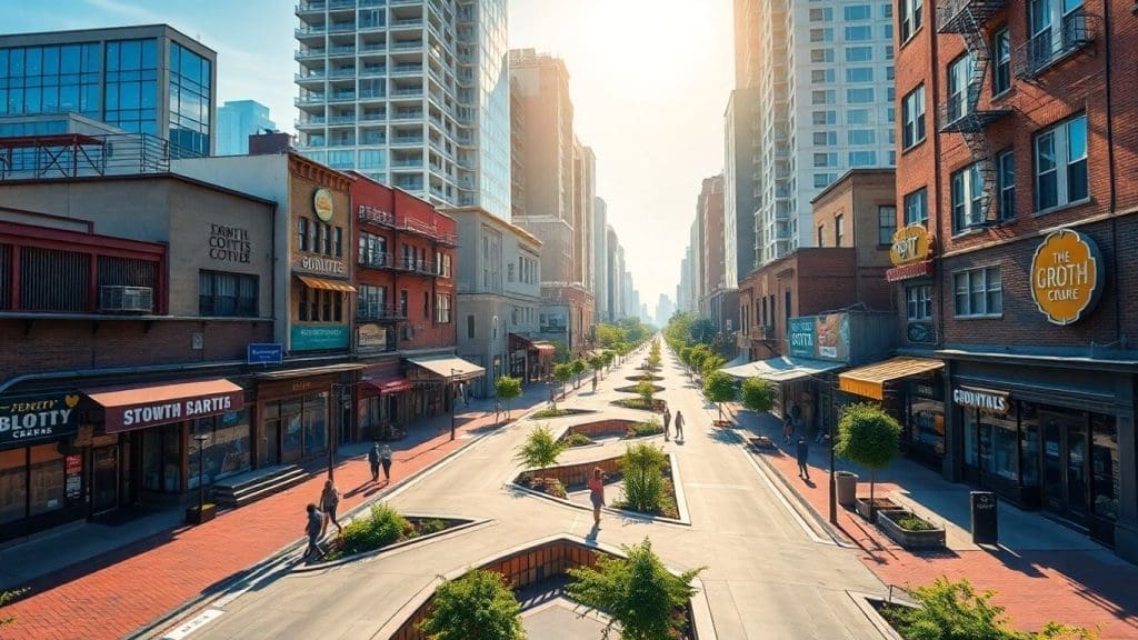 Cityscape with interconnected paths and local businesses.