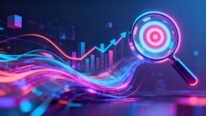Digital marketing campaign success with icons and data flow.
