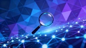 Magnifying glass over digital network, search data