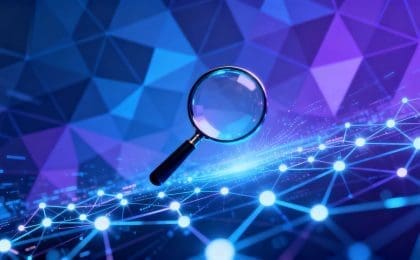 Magnifying glass over digital network, search data